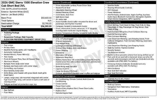 2026 GMC Sierra 1500 Crew Cab Short Box 4-Wheel Drive Elevation 3VL