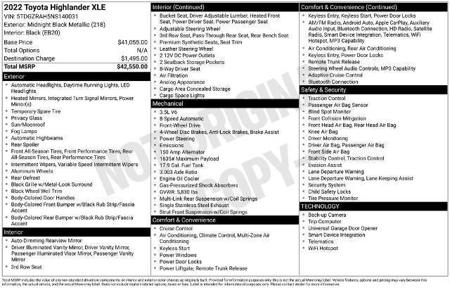 2022 Toyota Highlander XLE FWD (Natl)