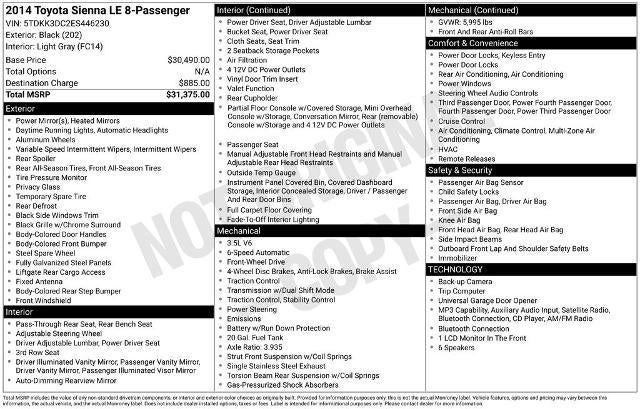 2014 Toyota Sienna 5dr 8-Pass Van V6 LE FWD (Natl)