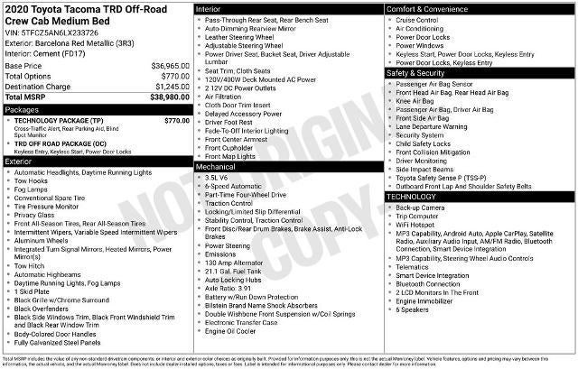2020 Toyota Tacoma 4WD 4WD TRD Off Road Double Cab 5' Bed V6 AT (Natl)