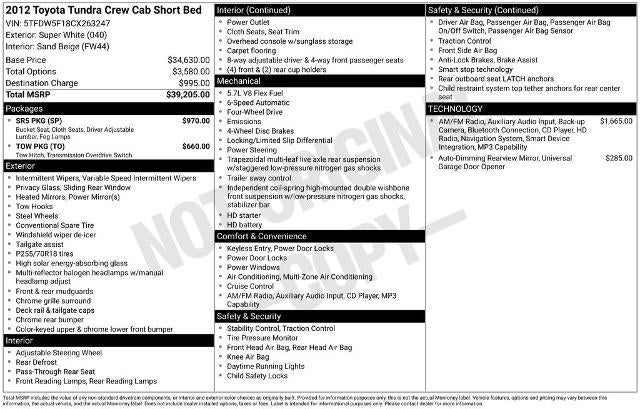 2012 Toyota Tundra 4WD Truck 4WD CrewMax Short Bed 5.7L FFV (Natl)